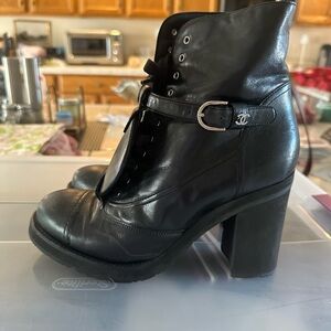 CHANEL Black Leather Heeled Boots